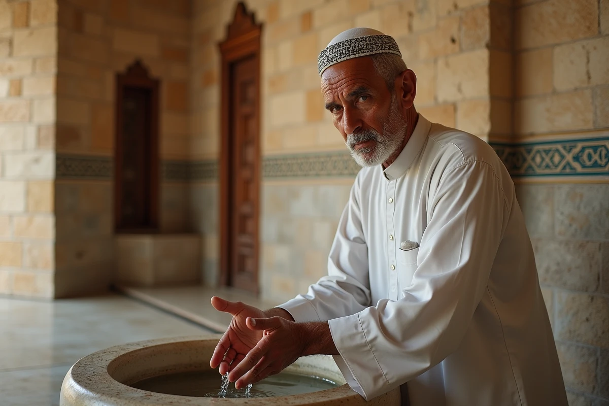 Homme en djellaba blanche effectuant les ablutions dans une mosquée de Toulon avant la prière hivernale