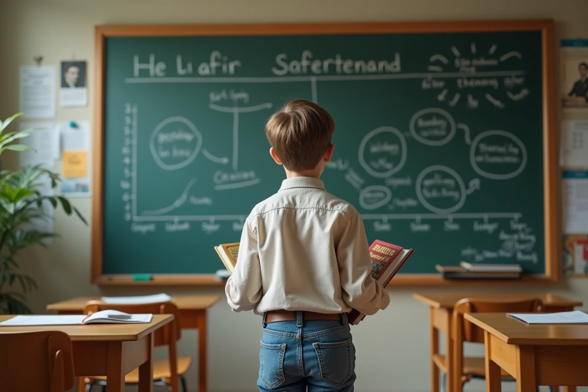 Jeune garçon regardant une frise chronologique d