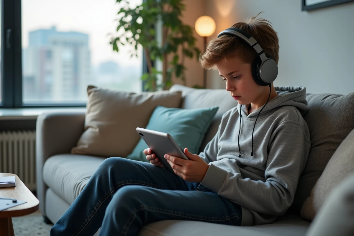 Adolescent avec casque utilisant une tablette dans un salon lumineux