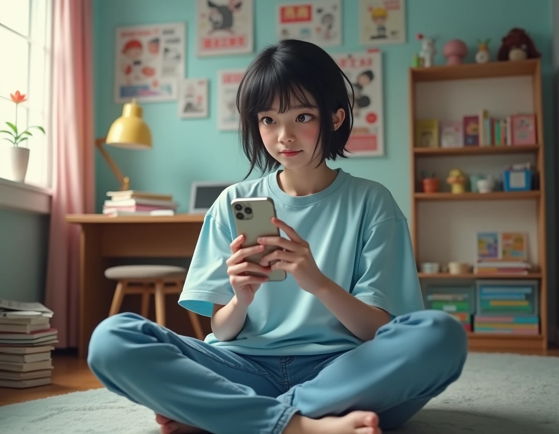 Adolescente utilisant une application de lecture de manga sur smartphone dans sa chambre décorée de posters manga