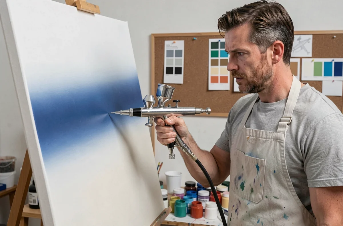 Artiste utilisant un aérographe pour créer un dégradé bleu sur toile blanche dans un atelier de peinture