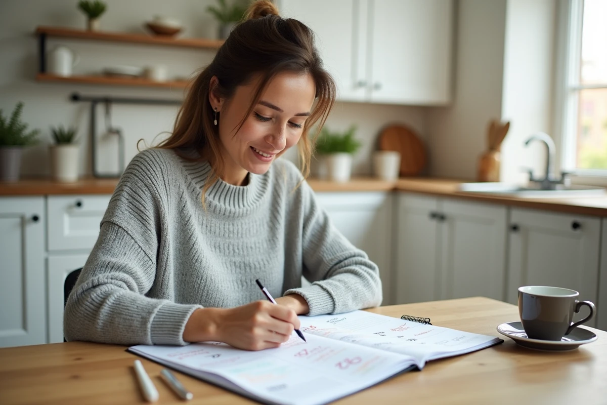 Mère de famille consultant un agenda scolaire avec semaines paires et impaires marquées, assise dans une cuisine moderne