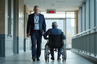 Gestionnaire accessibilite guide fauteuil dans couloir moderne