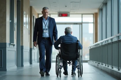 Gestionnaire accessibilite guide fauteuil dans couloir moderne