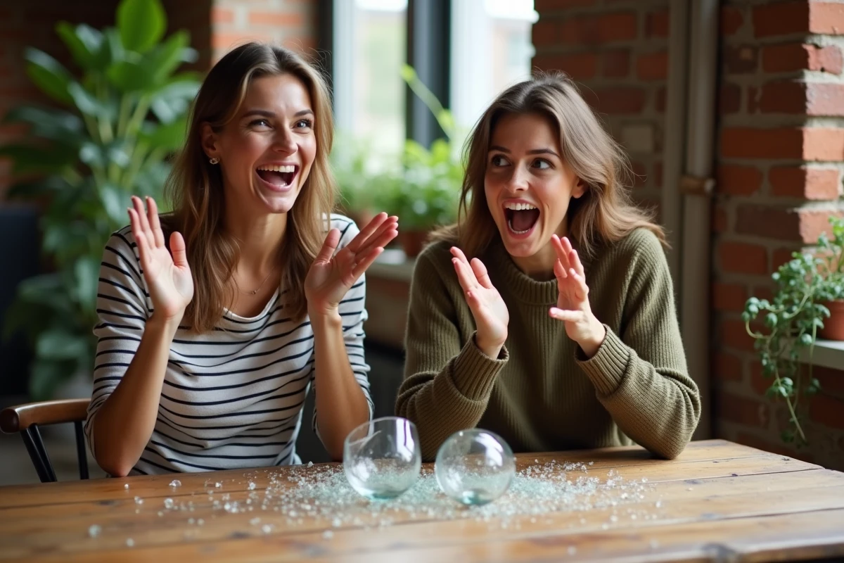 Deux amies riant après avoir cassé accidentellement un verre blanc, moment spontané associé à un présage heureux