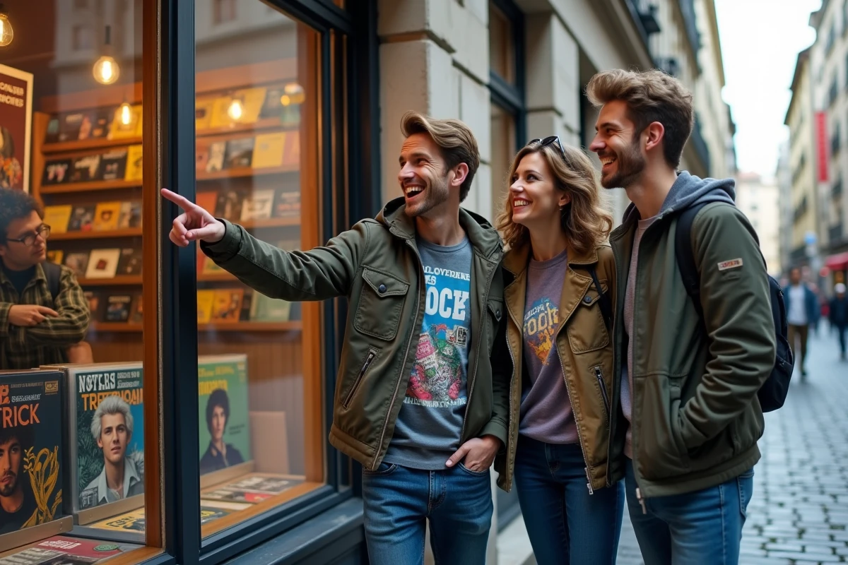 Trois amis devant une vitrine de magasin de musique française