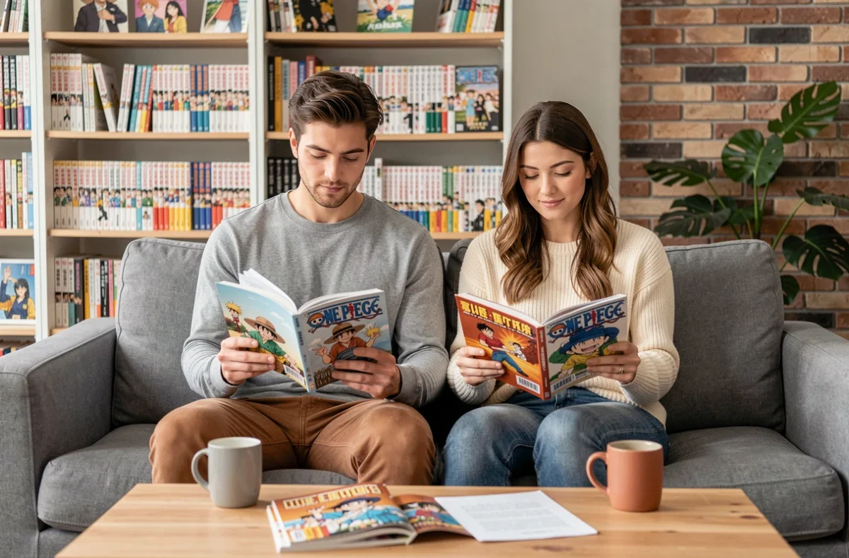 Deux amis lisant One Piece ensemble sur un canapé avec des volumes manga et un guide de lecture organisé sur la table basse