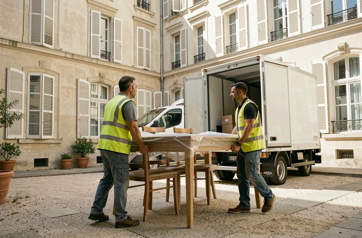 Déménageurs AMT Déménagement portant une table dans une cour résidentielle française