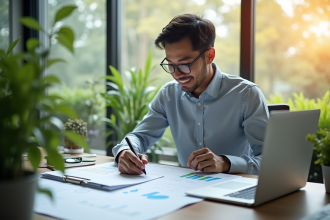 Analyste financier examinant rapports ESG au bureau lumineux