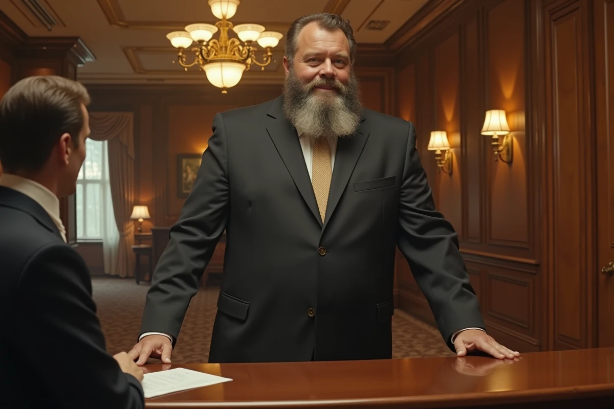 Homme de très grande taille à la réception d'un hôtel vintage illustrant le gabarit impressionnant d'André le Géant