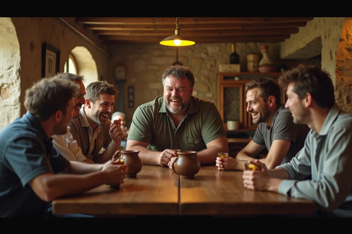Témoignage visuel de la taille d'André le Géant assis dans une taverne entouré d'amis de taille ordinaire