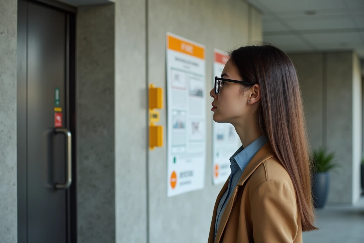 Jeune architecte examine plan d evacuation près porte accessible