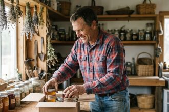 Artisan homme emballant des bocaux de miel dans un atelier rustique