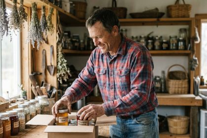 Artisan homme emballant des bocaux de miel dans un atelier rustique