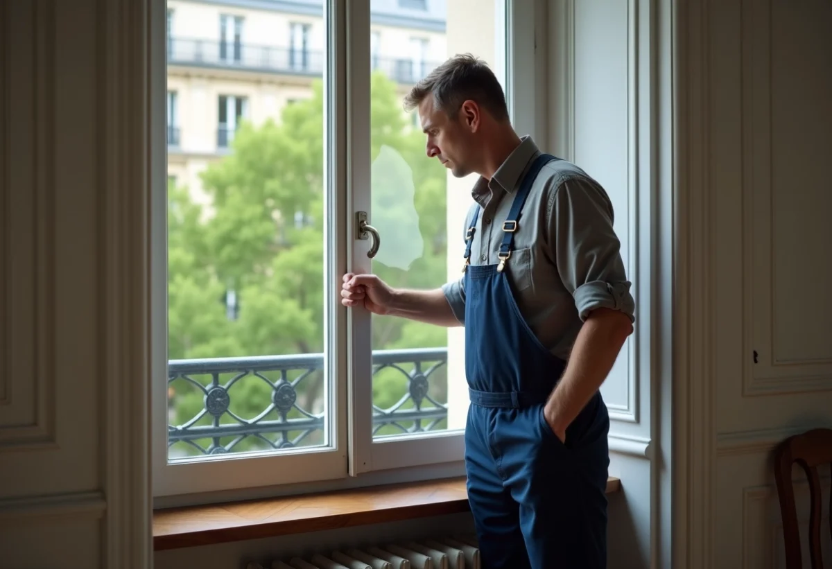 Artisan middleaged en tenue de travail retirant une ancienne fenetre parisienne