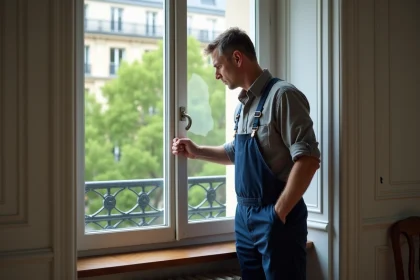 Artisan middleaged en tenue de travail retirant une ancienne fenetre parisienne