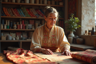 Artisane textile en blouse en soie or dans un atelier lumineux