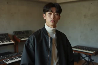 Jeune artiste kpop masculin en studio d'enregistrement à Séoul, veste bomber noire et col roulé blanc, ambiance minimaliste et concentrée