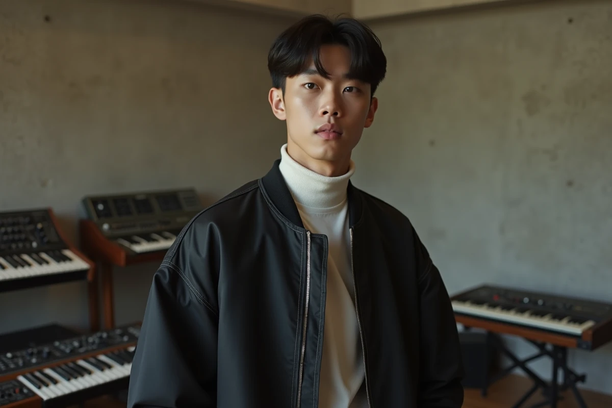 Jeune artiste kpop masculin en studio d'enregistrement à Séoul, veste bomber noire et col roulé blanc, ambiance minimaliste et concentrée