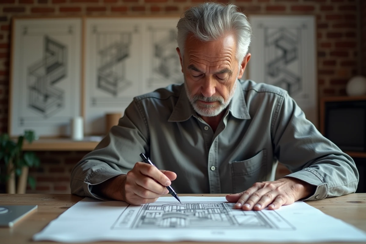 Artiste reproduisant un dessin d'escalier impossible inspiré d'Escher dans un atelier avec des croquis géométriques au mur