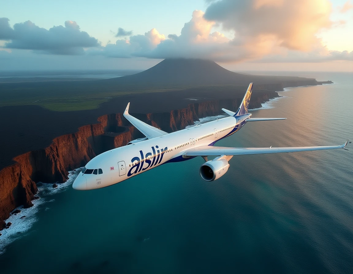 Avion en approche finale au-dessus des côtes volcaniques de La Réunion au crépuscule