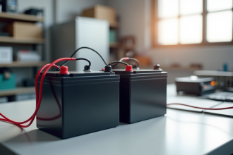 Deux batteries modernes en parallèle sur un plan de travail lumineux