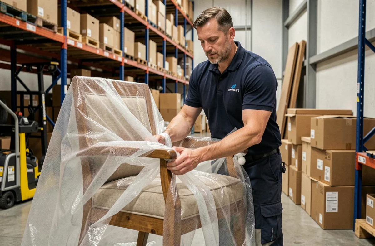 Déménageur professionnel de Berg Déménagements emballant des meubles dans un entrepôt