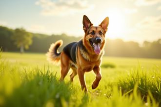 Chien berger allemand courant dans un pré ensoleille