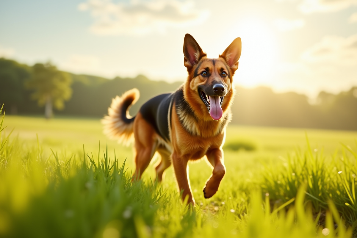 Chien berger allemand courant dans un pré ensoleille