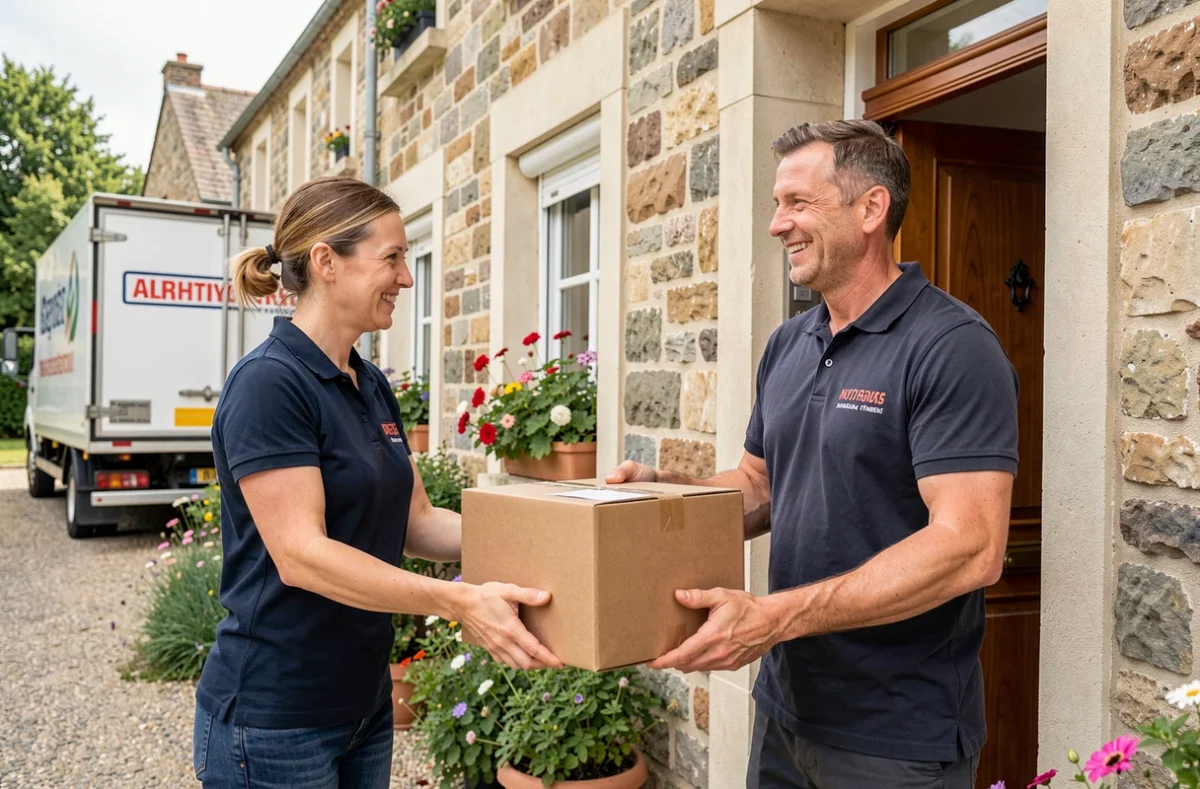 Déménageuse de Bigaut Déménagements remettant un carton à un client devant une maison