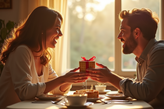 Couple échangeant des cadeaux surprises au petit déjeuner