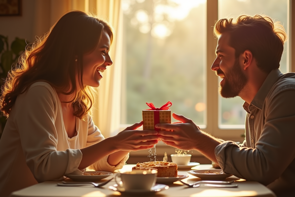 Couple échangeant des cadeaux surprises au petit déjeuner