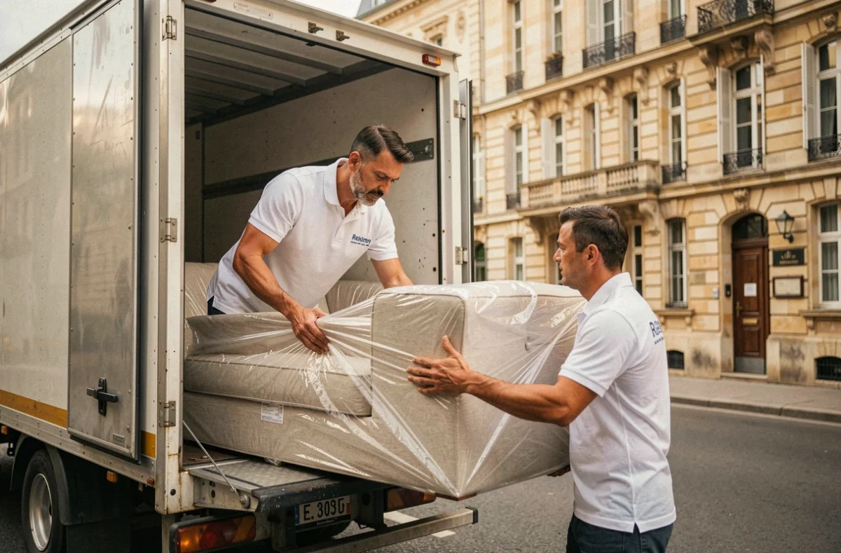 Déménageur de Caille Reims chargeant un canapé dans un camion dans une rue rémoise