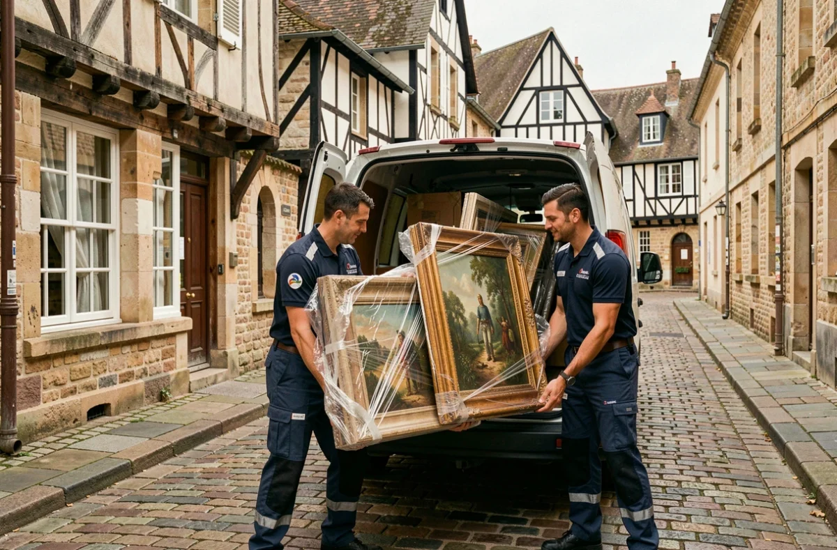 Déménageurs de Caille Troyes transportant des objets fragiles dans une rue historique de Troyes