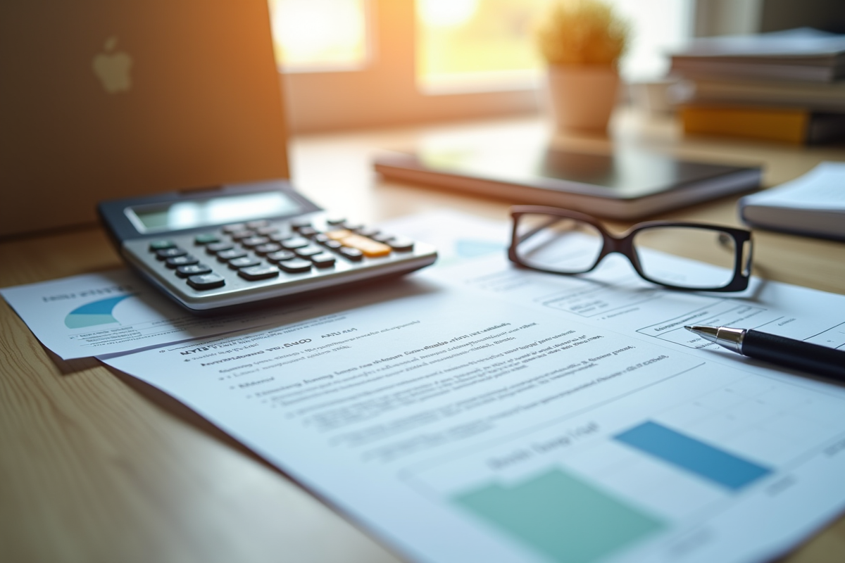 Calculatrice et documents financiers sur un bureau en journée