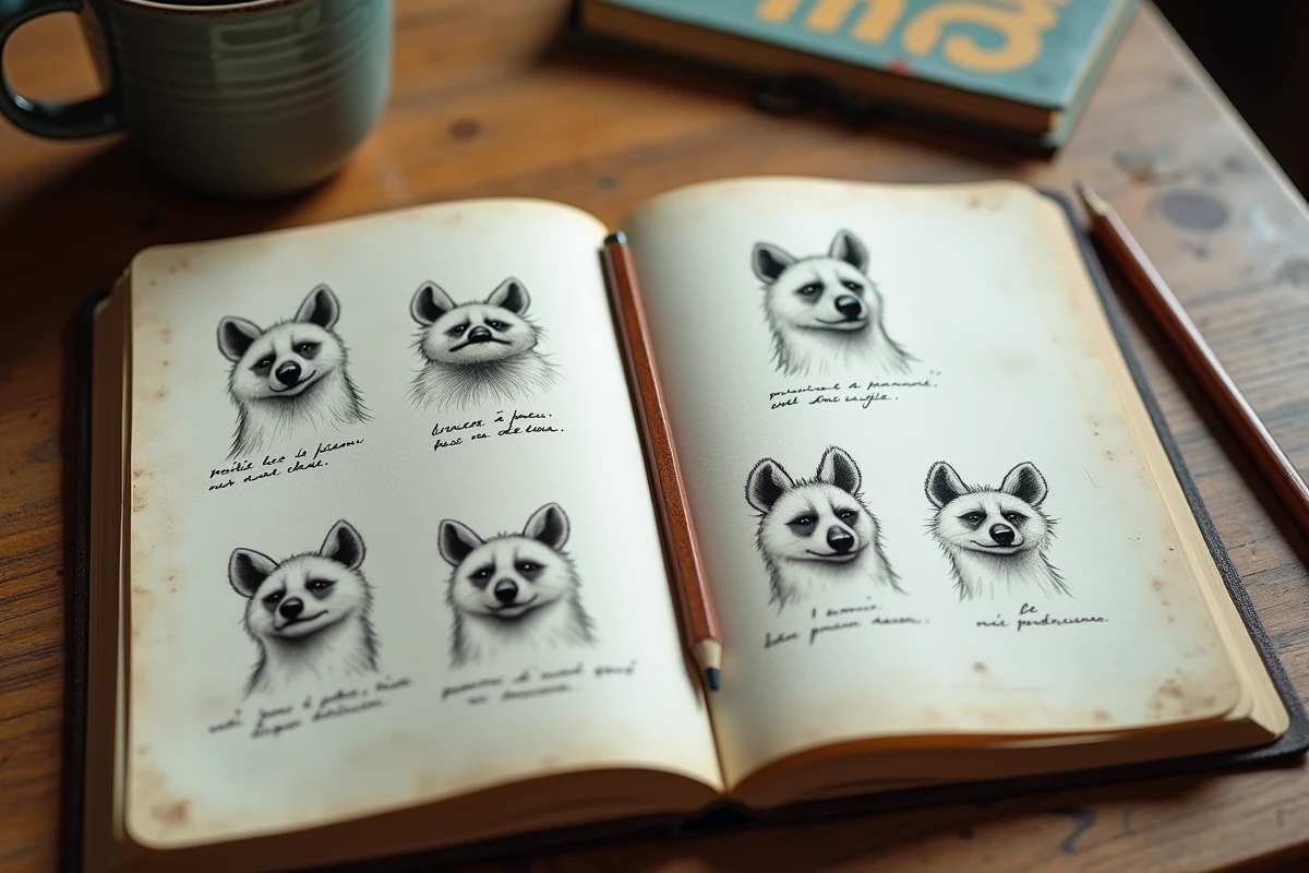 Carnet de croquis illustré avec des études d'expressions faciales de hyène du Roi Lion annotées à la main