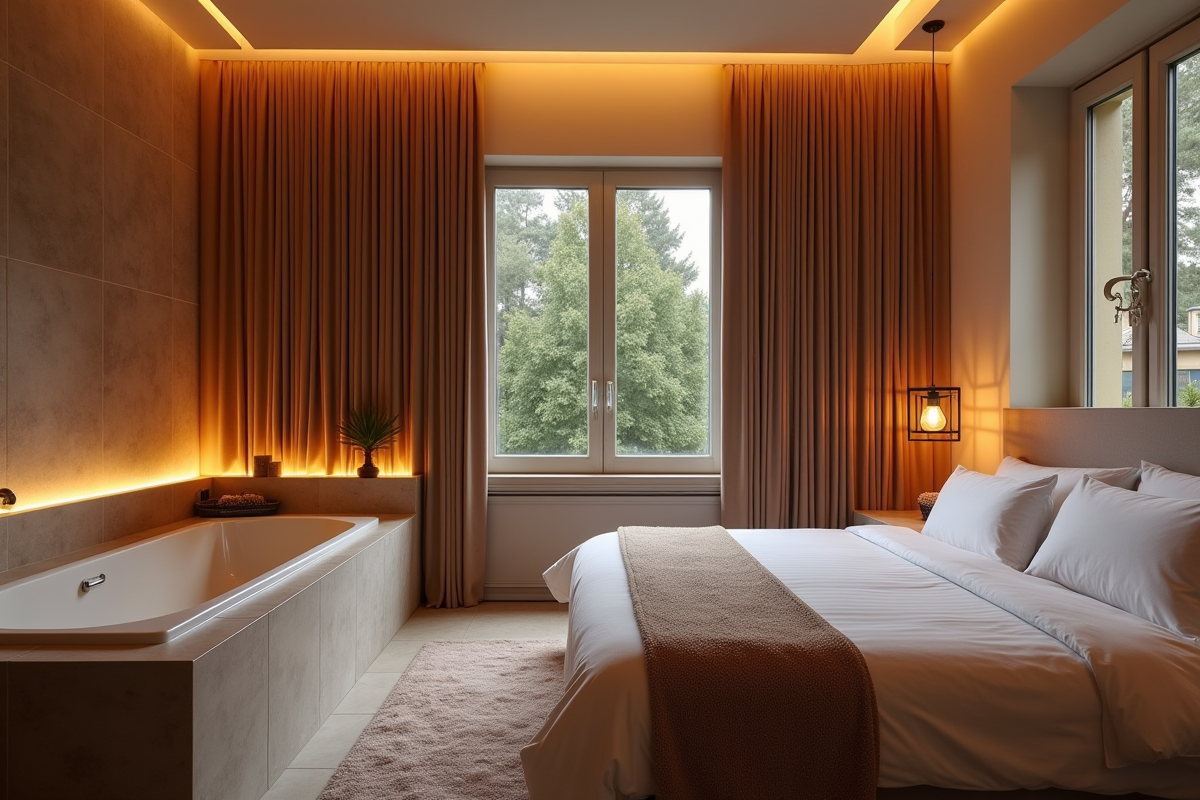 Chambre élégante avec jacuzzi à Lille en soirée