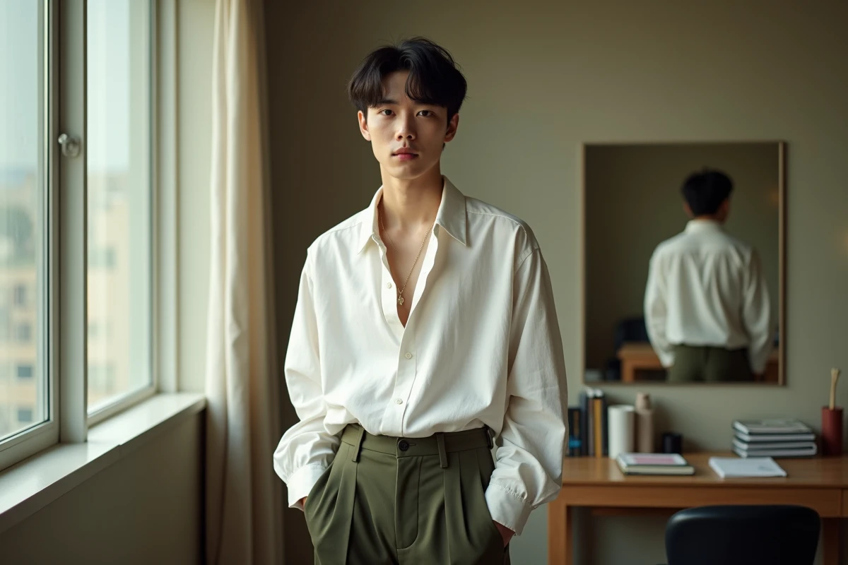 Chanteur du groupe kpop 3piece en loge avant un concert, chemise blanche oversize et pantalon olive, regard introspectif et naturel