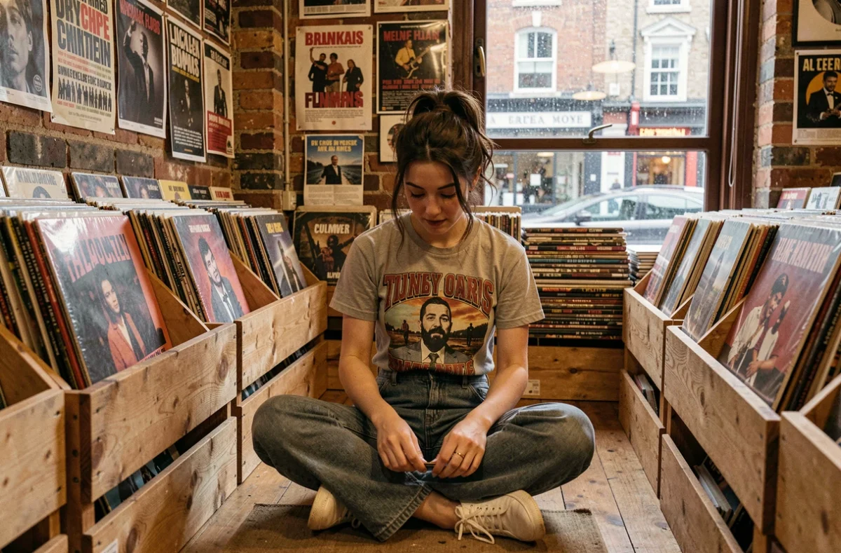 Jeune chanteuse anglaise parcourant des vinyles dans un magasin de disques londonien nostalgique