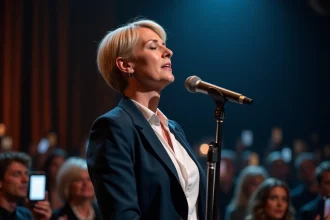 Chanteuse anglaise émue sur scène devant une foule de fans tenant leurs téléphones lors d'un concert intime