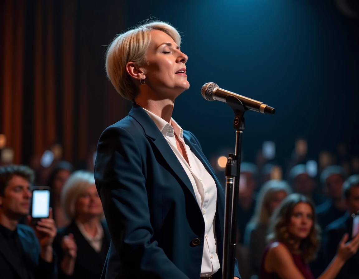 Chanteuse anglaise émue sur scène devant une foule de fans tenant leurs téléphones lors d'un concert intime