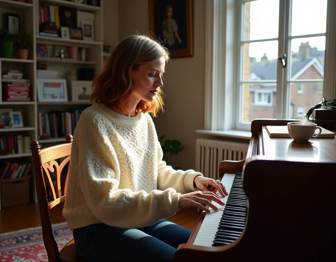 Chanteuse-compositrice anglaise mature au piano dans un studio maison à Londres, reflétant une carrière marquante