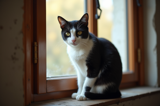 Chat noir et blanc sur une fenêtre ancienne en bois