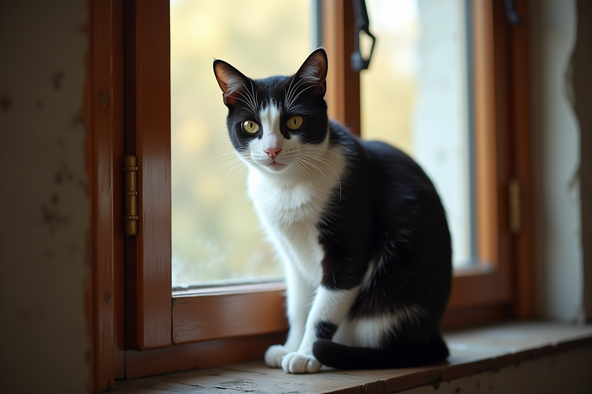 Chat noir et blanc sur une fenêtre ancienne en bois