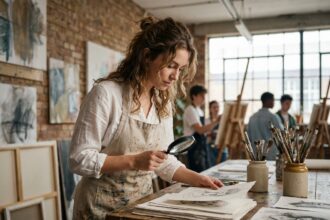 Jeune femme en école d'art examinant un portfolio de dessins pour choisir sa formation artistique