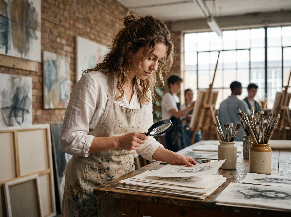 Jeune femme en école d'art examinant un portfolio de dessins pour choisir sa formation artistique