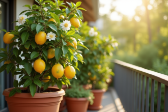 Citronnier en pot sur balcon ensoleille avec fleurs et petits citrons