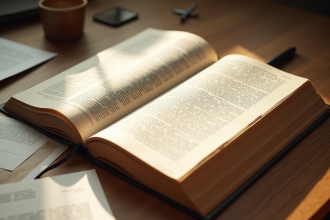 Livre de code civil français ouvert sur un bureau lumineux