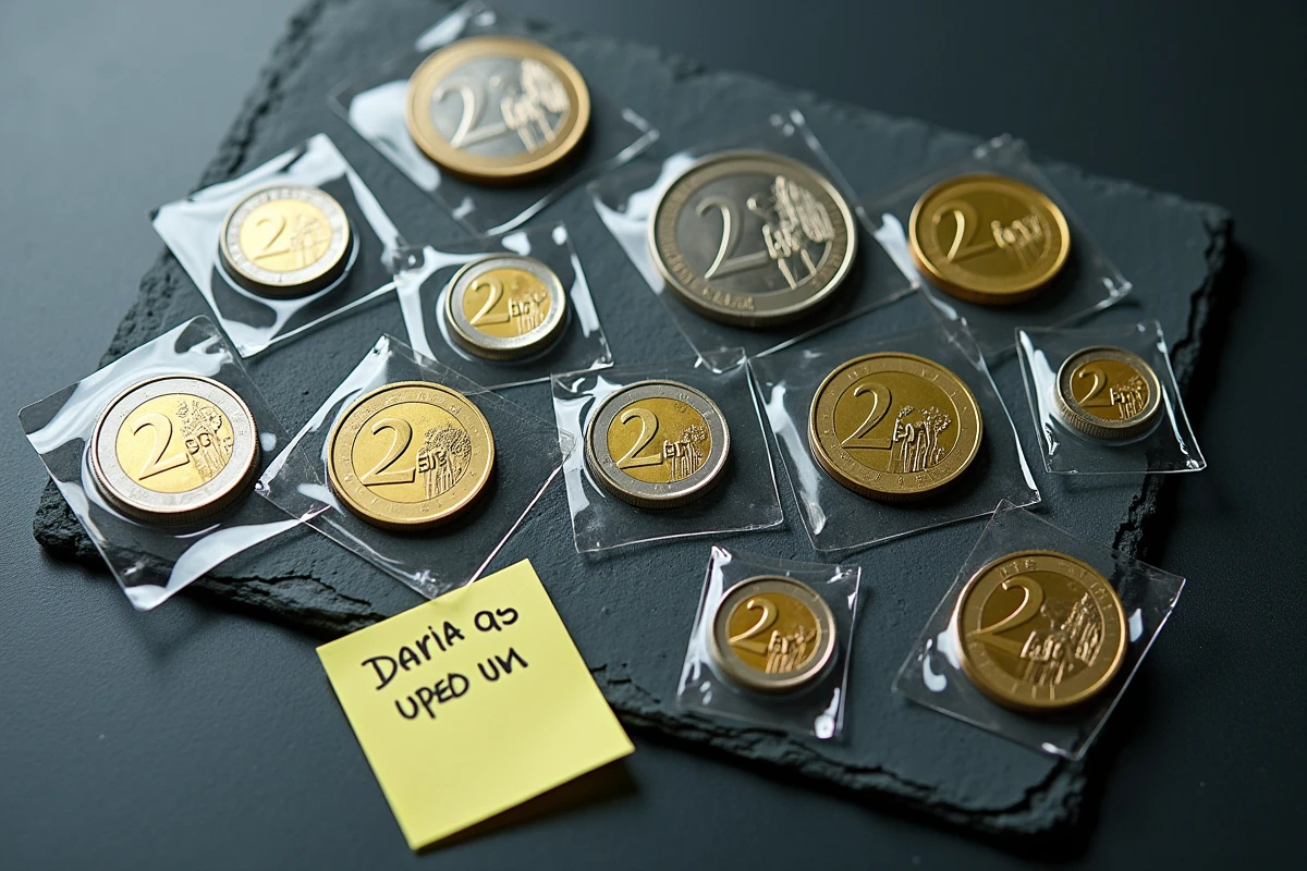 Collection de pièces de 2 euros rares posées sur une surface en ardoise avec des protège-monnaies et un guide de prix