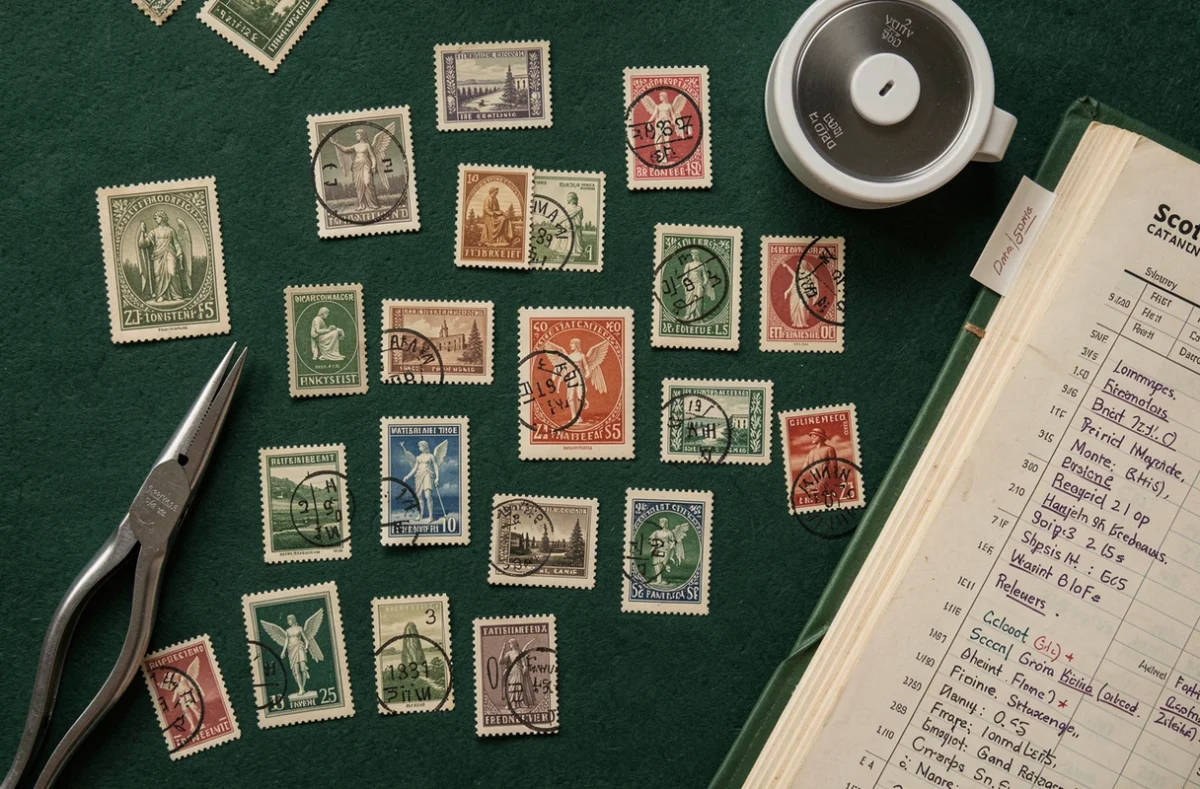 Collection de timbres rares avec erreurs d'impression sur tapis de feutrine verte vue du dessus